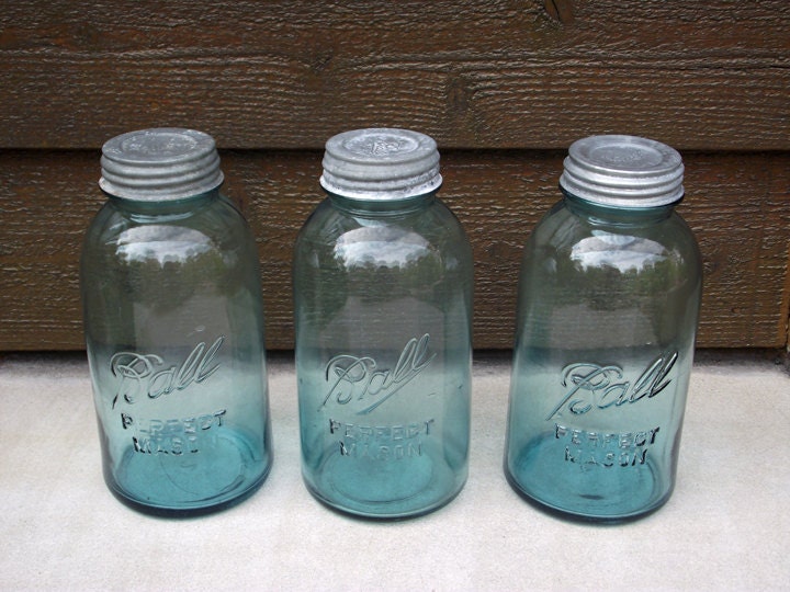 3 Blue Vintage Ball Half Gallon Perfect Mason Jars with Lids