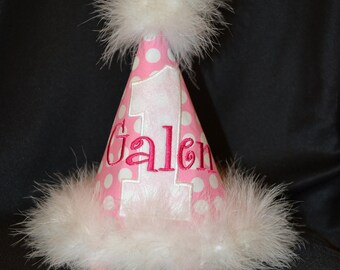 Sweet and PINK Polka Dot 1st Birthday Party Hat With Maribou Trim or have me custom make a hat to match your party theme