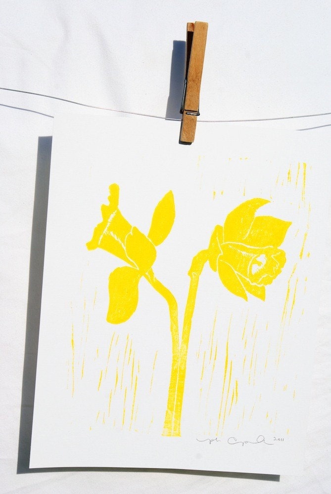 hand pulled print, Daffodil from the Flower Collection, yellow