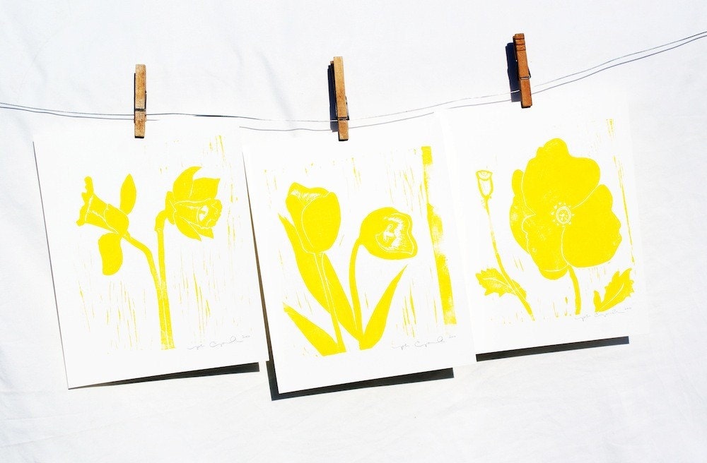 set of 3 print, hand pulled, The Flower Collection, in yellow
