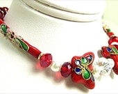 Red Cloisonne Butterfly Pearls,  Crystals Bracelet