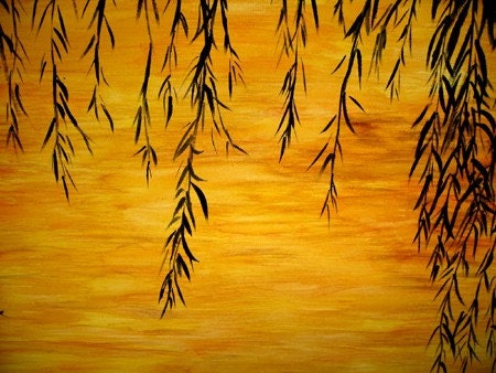 Original landscape Painting, Contemporary Sunset Lake Fine Art, Willow Treee Abstract by Henry Parsinia Large 36x24