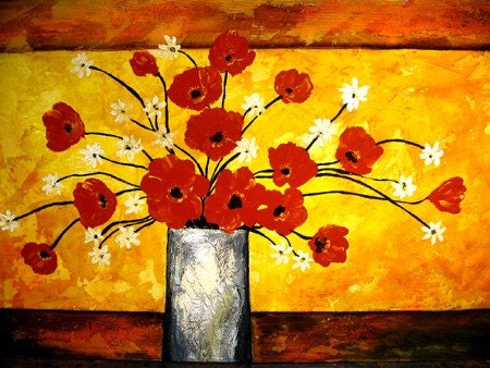 Original Modern Abstract  Floral Painting red puppies by Henry Parsinia large 48x24