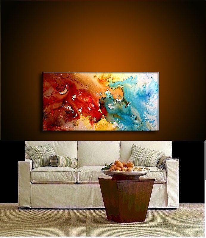 Original Modern Painting, Red And Blue Abstract painting, Contemporary Fine Art by Henry Parsinia Large 48x24