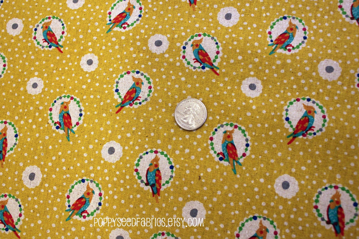 SALE.....15% OFF Echino Fabric Fall 2011 - Cockatiel in Yellow by Etsuko Furuya - Half Yard