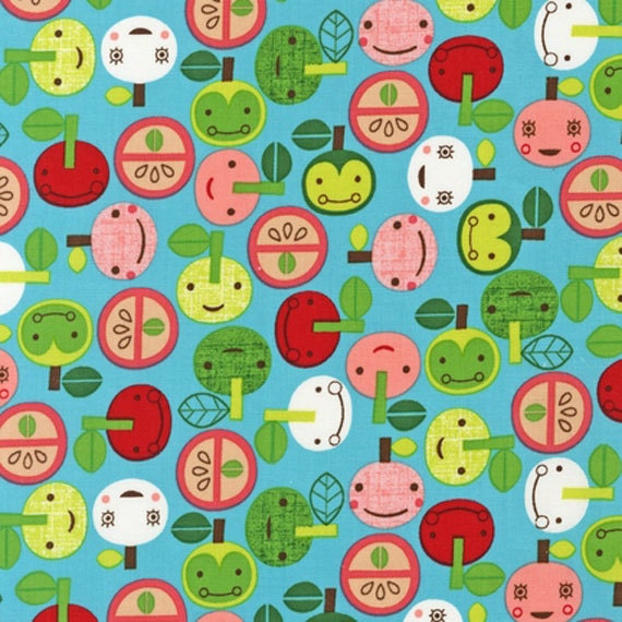 Last one, Suzy Ultman, Appleville Apple Faces Aqua -Fat quarter