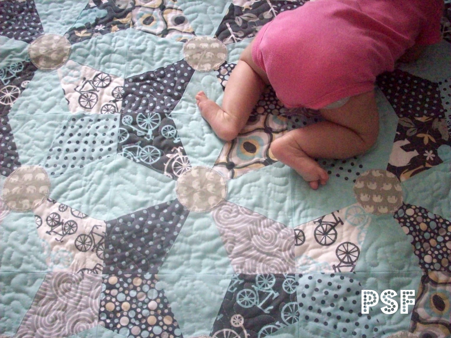 Last one..... Kaleidoscope Quilt Kit, in blues and grey's Crib size blanket, pattern from Cluck Cluck Sew