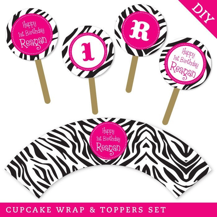 Zebra party in ANY COLOR - Personalized DIY printable cupcake wrapper and topper set