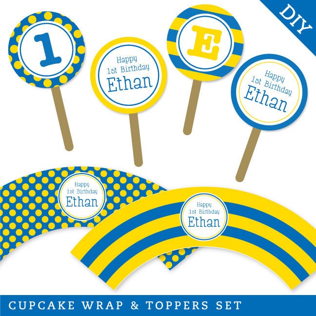 Design it yourself - Polka dots and stripes - Personalized DIY printable cupcake wrapper and topper set - Choose your own font and colors