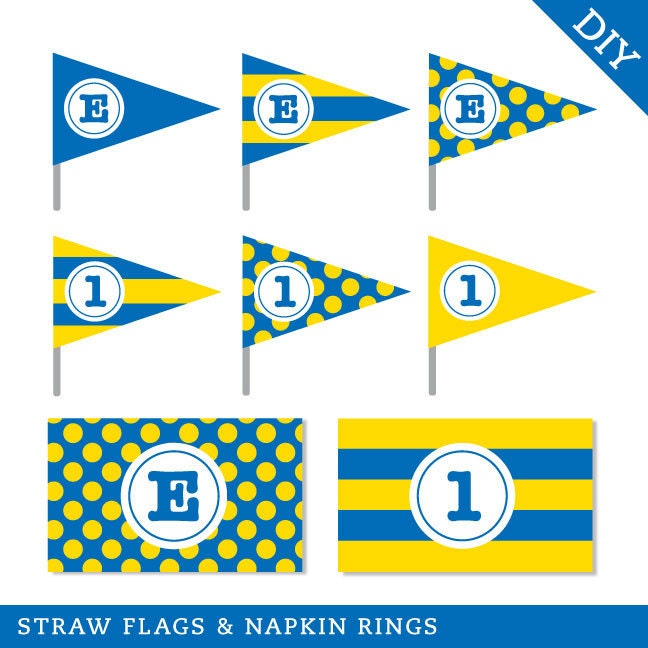 Design it yourself - Polka dots and stripes - Personalized DIY printable straw flags and napkin rings - Choose your own font and colors