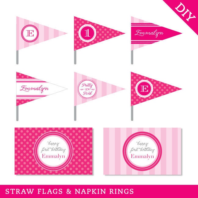Pretty in Pink party - Personalized DIY printable straw flags and napkin rings