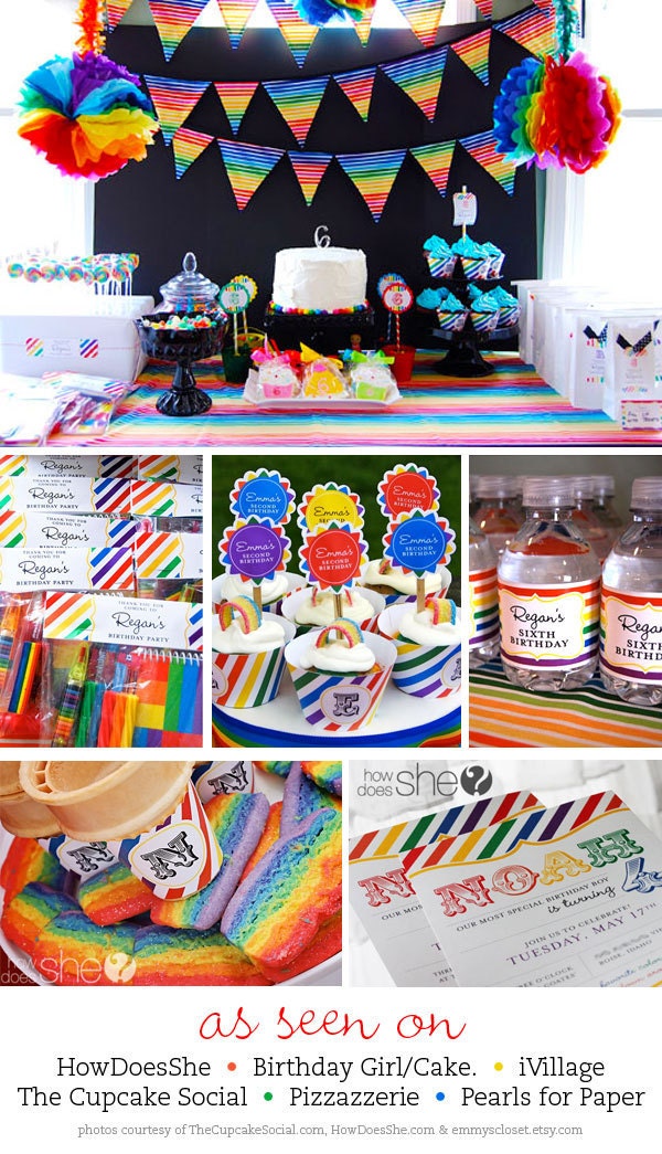 Rainbow party - Set of 15 custom photo invitations - Printable file also available