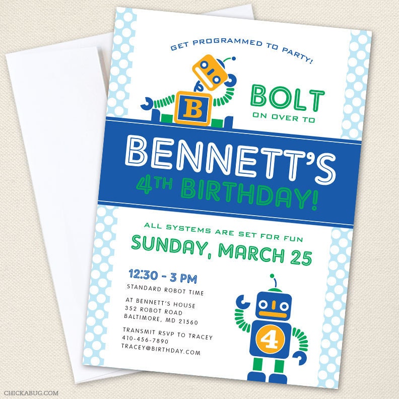 Robot party invitations - Professionally printed - Printable file also available Il_570xn