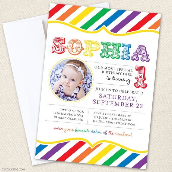 Rainbow party photo invitations - Professionally printed - Printable file also available Il_570xn