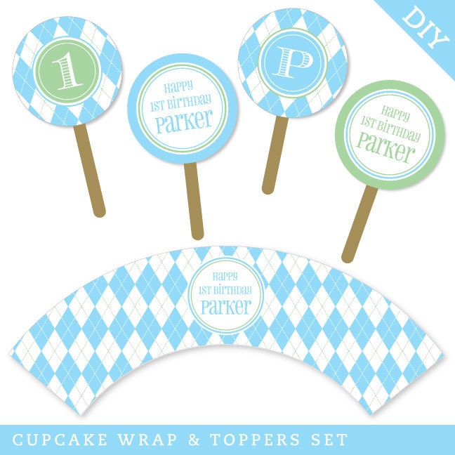 Design it yourself - Argyle - Personalized DIY printable cupcake wrapper and topper set - Choose your own font and colors Il_570xn