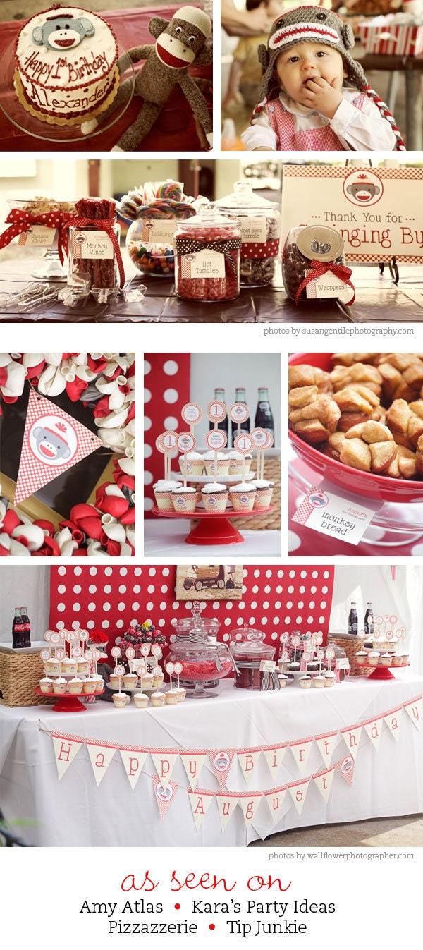 Sock Monkey party - Personalized DIY printable cupcake wrapper and topper set