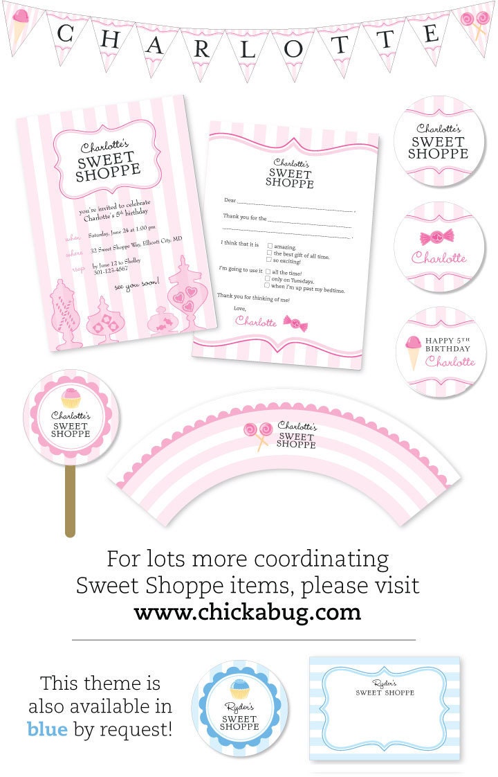 Sweet Shoppe party - Personalized DIY printable cupcake wrapper and topper set