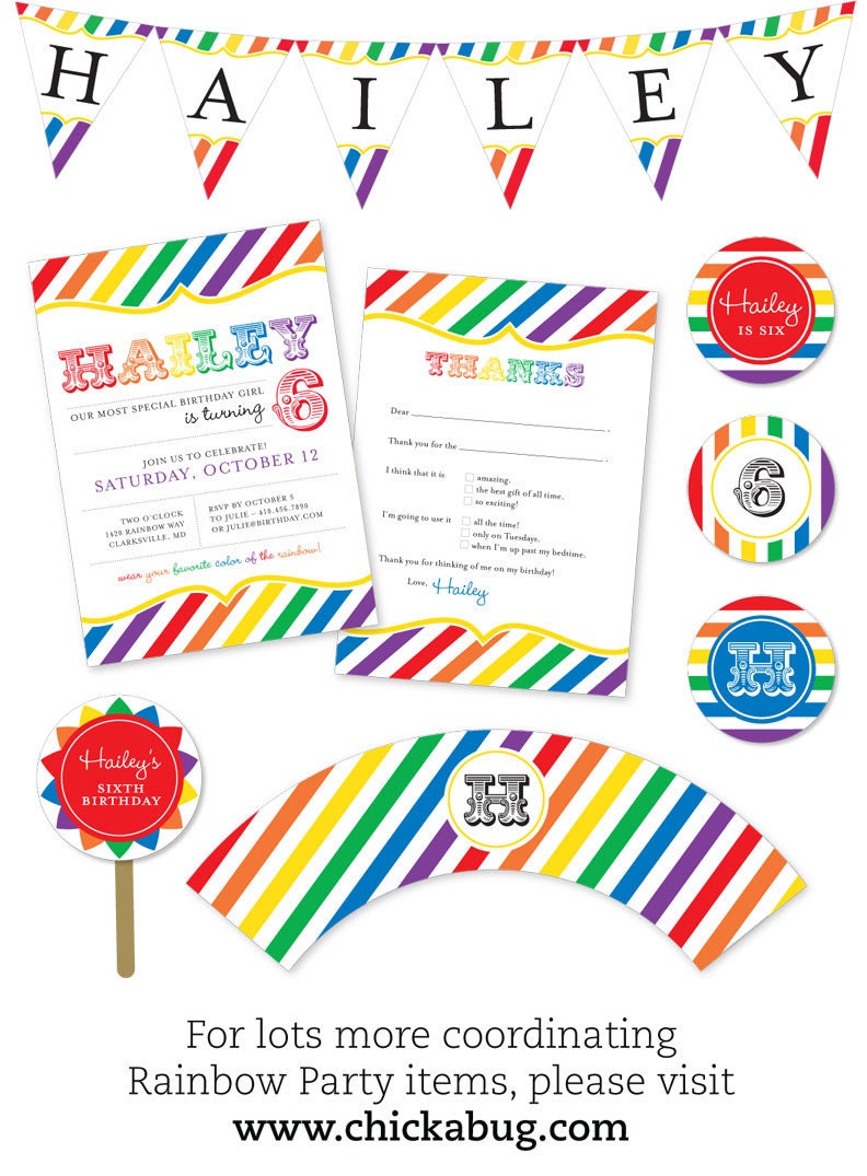 Rainbow party - Set of 15 custom invitations - Printable file also available