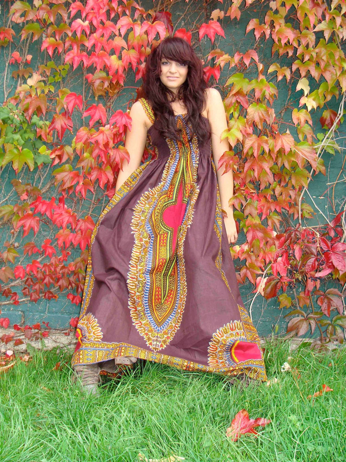 African Dashiki-Print Maxi Dress S/M Brown