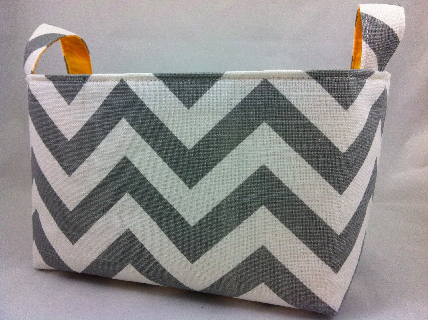 Reversible Fabric Bin ZigZag Ash Gray/White with corn yellow lining or choose your color lining 10 x 5.5 x 6