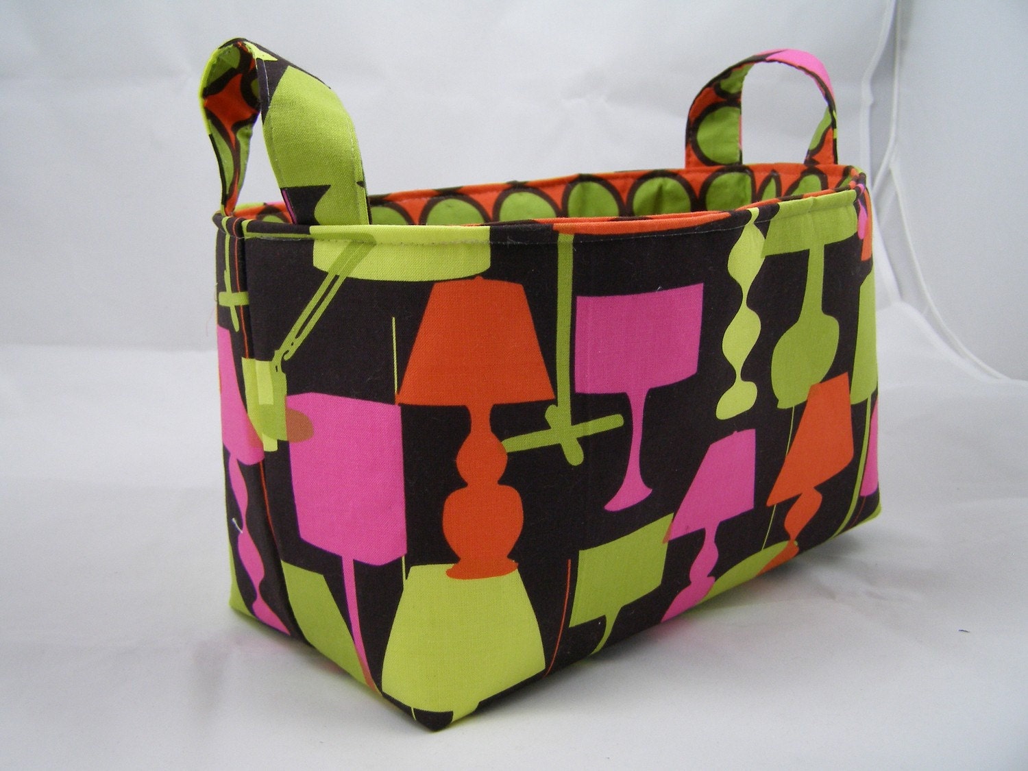 READY TO SHIP Reversible Retro Lamp Fabric Bin 10 x 5.5 x 6