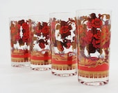 Vintage Drinking Glasses: Red and Gold Oriental Style Glasses, Set of 4, Asian Motif Glasses / Tumblers