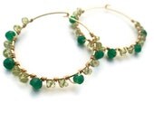 Peridot, Green Onyx & Gold Wire Wrapped Hoop Earrings