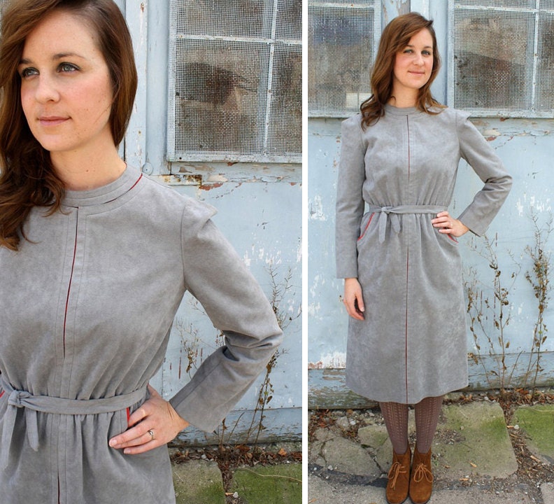 S A L E Vintage Gray and Ruby Faux Suede Dress