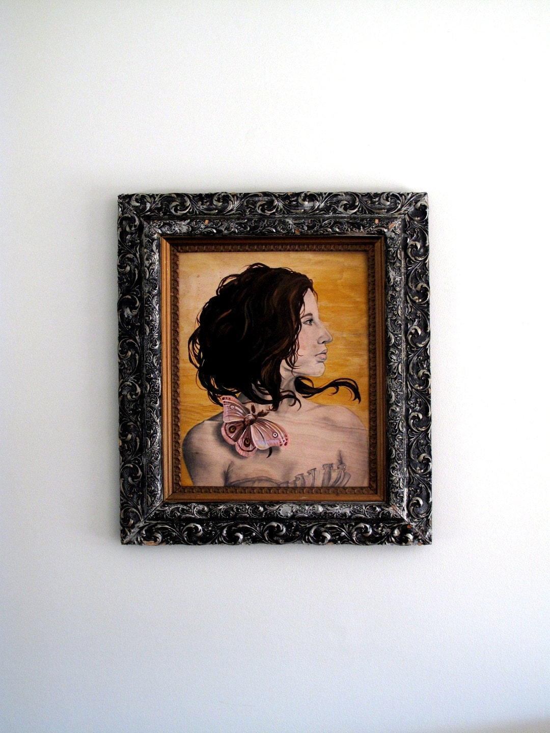 Painting Moth Lady on mustard stained wood -Original Mixed Media- April Alayne