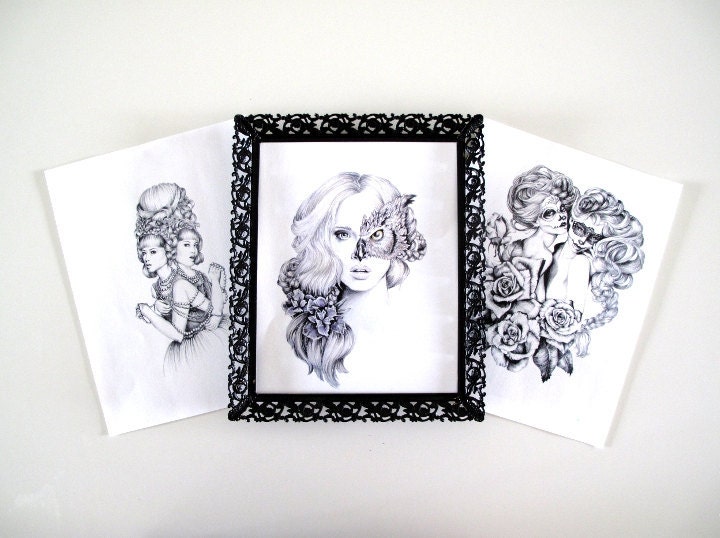 3 Illustrations- Set- Collection Black and white- 8 X10 signed prints