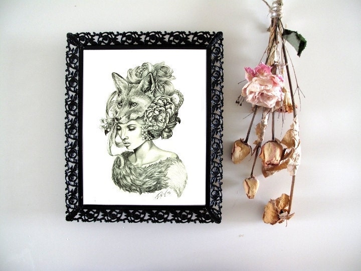 Illustration- Fox mask- Black and white- 8 X10 signed print- woman portrait- power animal