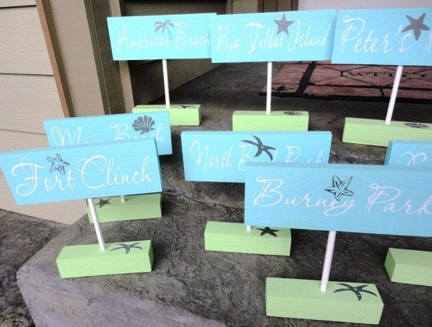Wedding Table Numbers. Beach Themed Table Names and Numbers for your Reception or Rehearsal Dinner. 4 X 9 inches, 2-sided, self-standing.