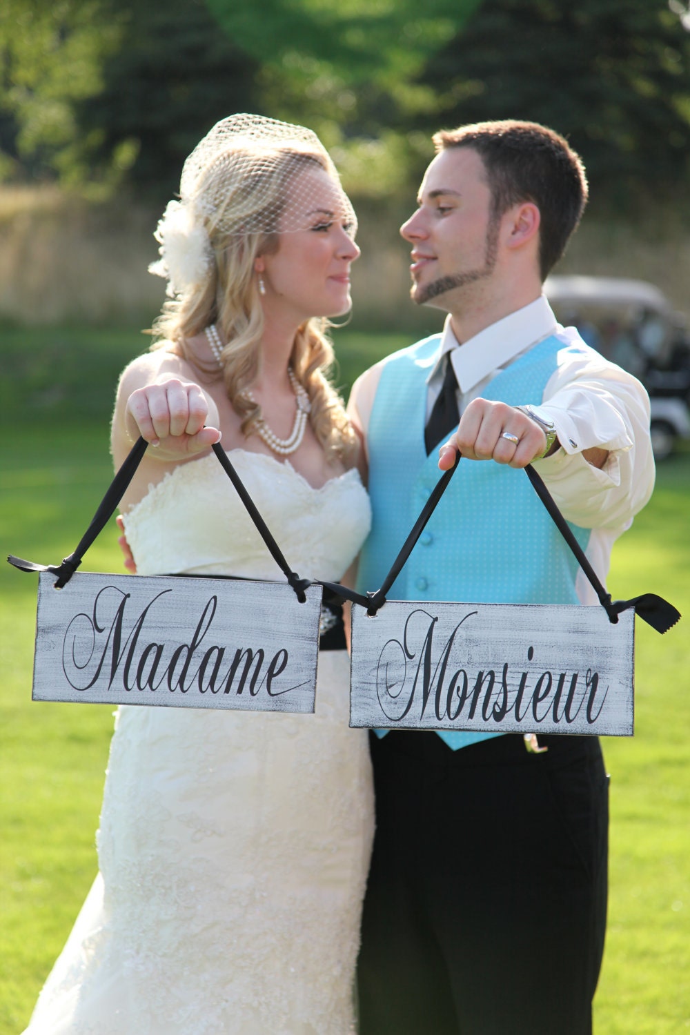 Wedding Chair Signs Madame and Monsieur with Thank you on the back. Vintage Paint, 2-sided, Rustic Wedding Signs, Wedding Photo Props.
