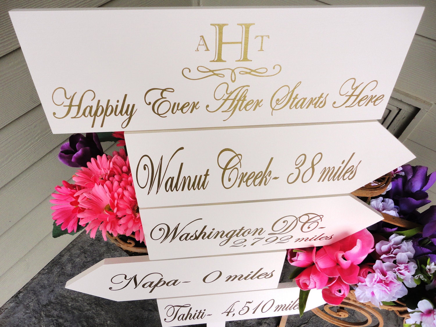 Personalized Wood Directional Arrow Signs with Cities and Miles with Monogram. Happily Ever After Starts Here.
