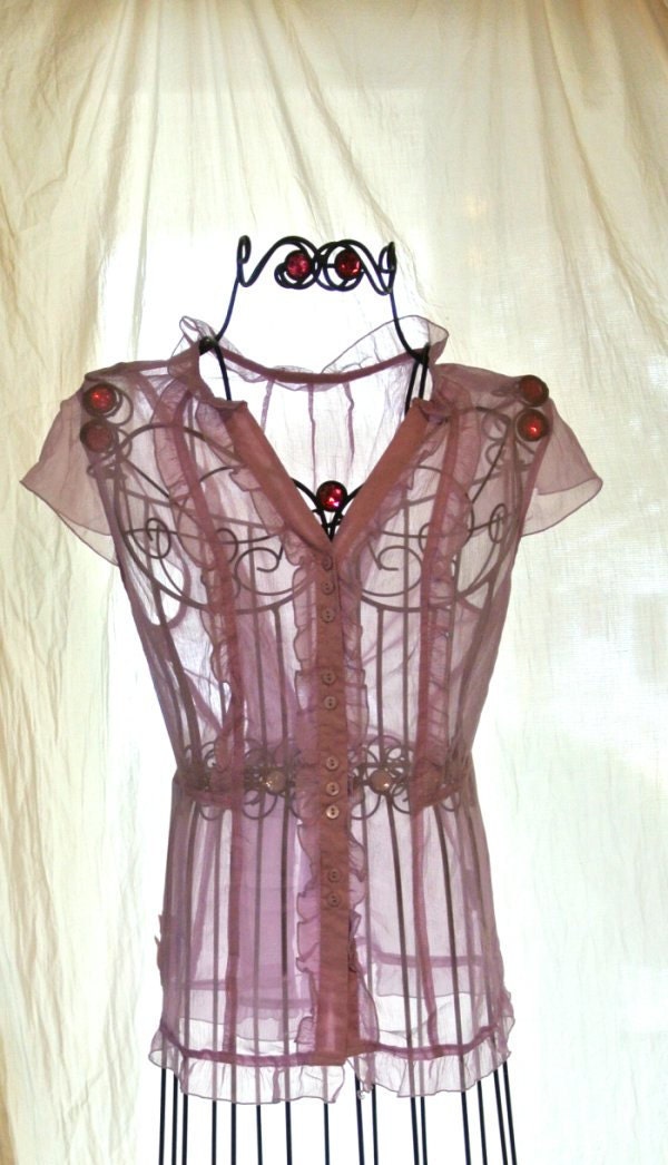 Romantic Sheer ruffle Shirt Valentines Purple Shabby chic Blouse Rustic Glam Gypsy Rose Vintage Top Large - TrueRebelClothing