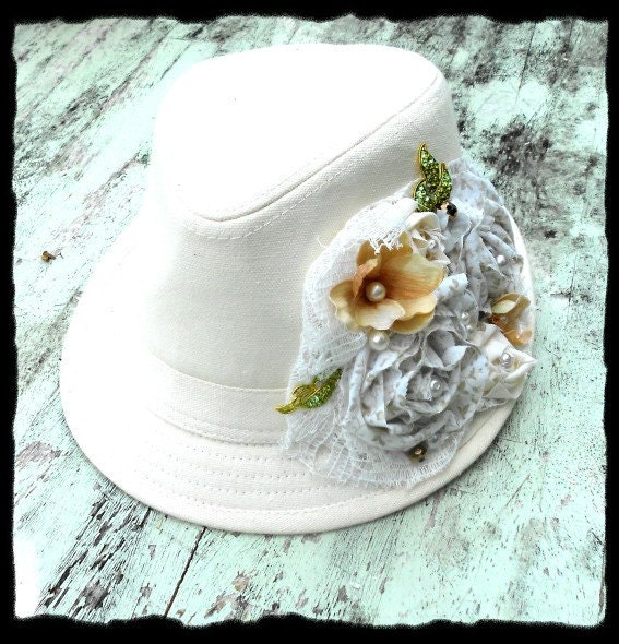 Womens Summer Fedora Hat Lace Shabby chic French Cottage Hair Wear Accessories Fabric Rosettes Millinery