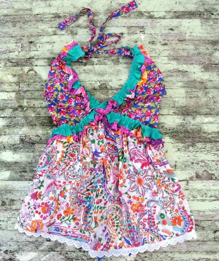 Romantic boho chic ruffle halter top, upcycled shirt, beach, womens clothing, hippie apron top