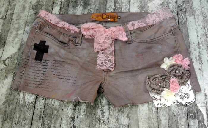 shabby rose shorts, womens clothing, embellished denim, dirty dye, rustic, gypsy cowgirl, womens clothing
