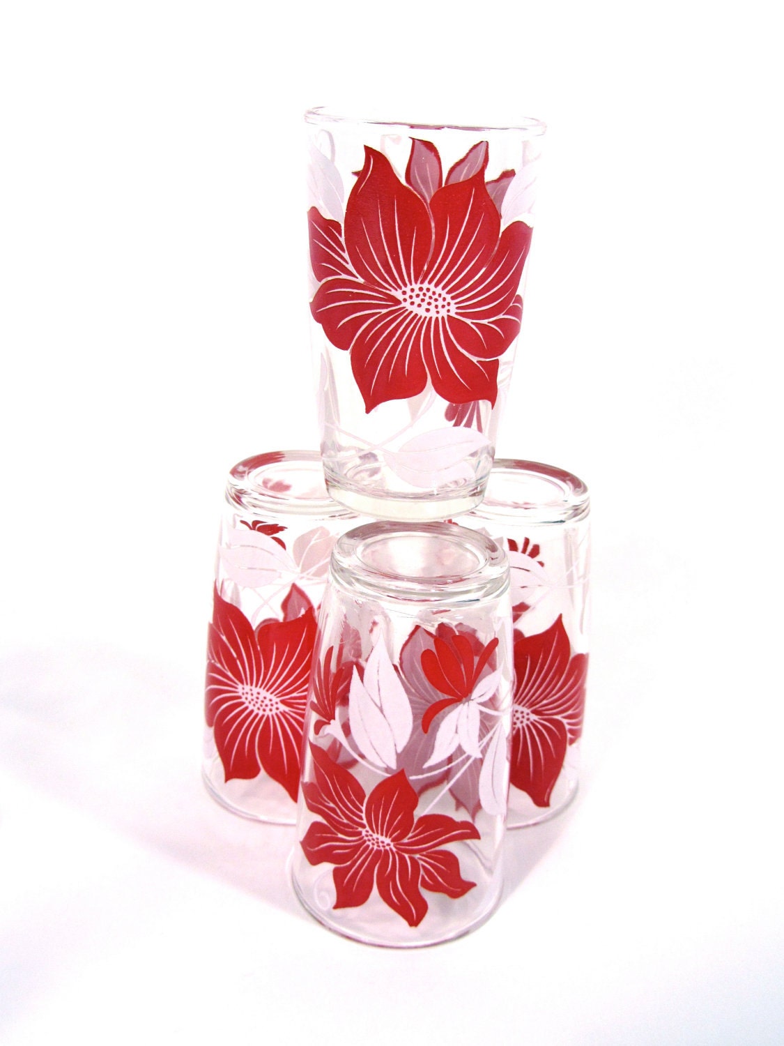 Vintage Red Poinsettia Flower Small Glass Tumblers / Juice Glasses Set of (4)