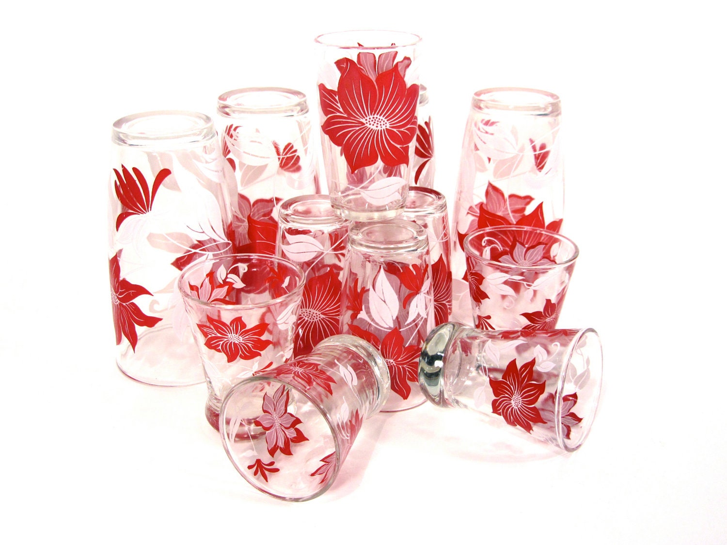 Vintage Red Poinsettia Flower Small Glass Tumblers / Juice Glasses Set of (4)