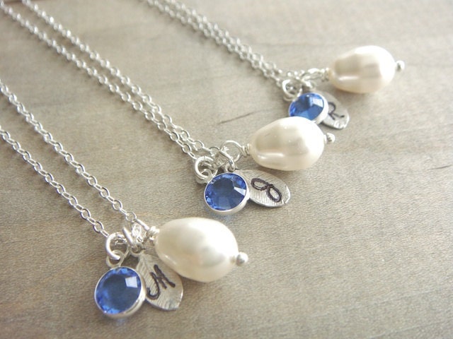 Bridesmaid Gift - 3 Cream or White Pearl Hand Stamped INITIAL and BIRTHSTONE Necklaces in Sterling Silver - choose pearl color