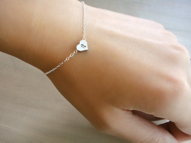 Custom Initial Silver Heart Bracelet - Hand stamped double sided heart - Buy 2 Get 1 FREE - Bride, Bridal, Bridesmaid gift