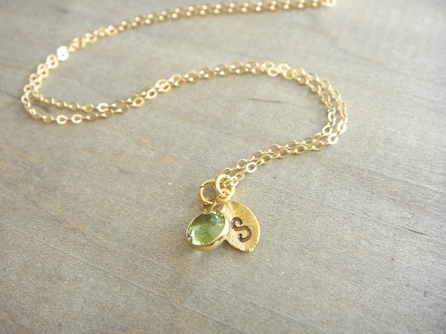 Personalized Birthstone Crystal Necklace with Hand Stamped Initial Leaf in Gold - Wedding, Bride, Bridal, Bridesmaid, Mother's Day