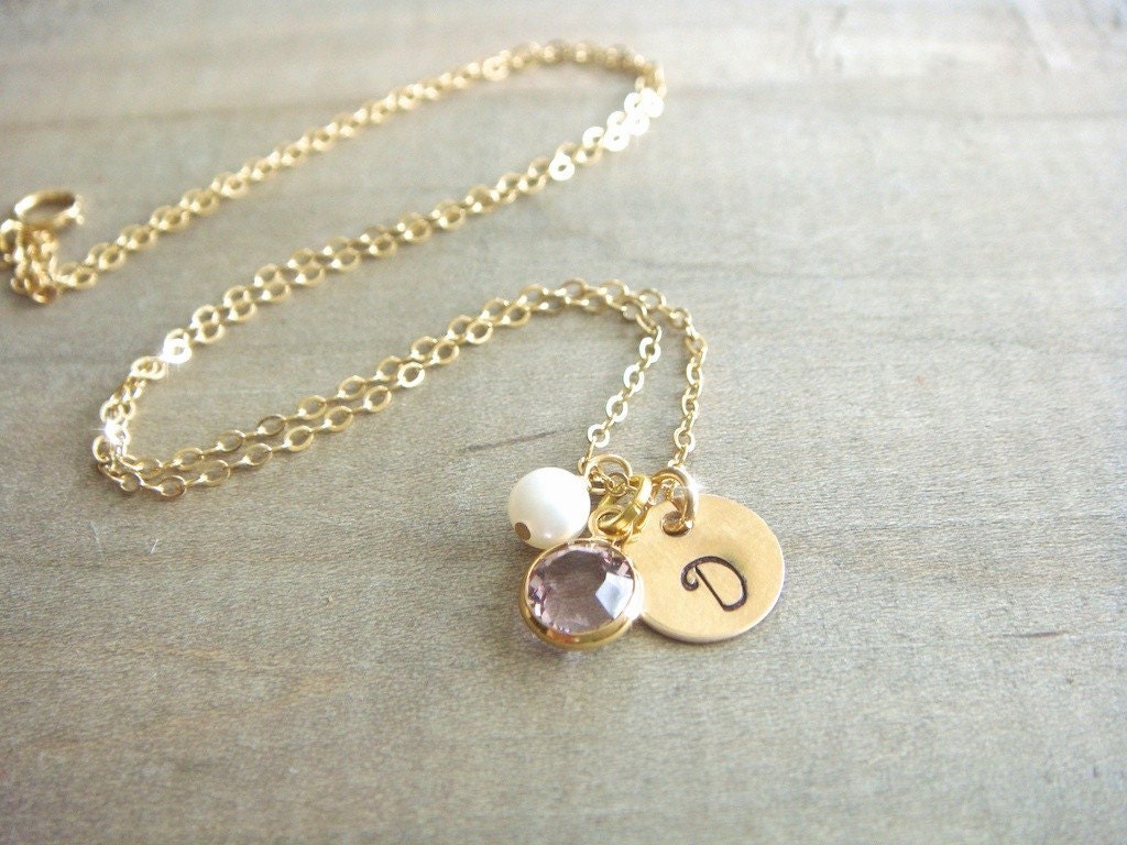 Personalized Hand Stamped Gold Filled Disk Necklace with Birthstone Crystal and Freshwater Pearl - Bride, Bridal party, Bridesmaid