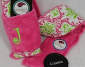 Personalized Camera Strap Cover Set in Fun Fuchsia Lime Damask with Dual Lens Cap