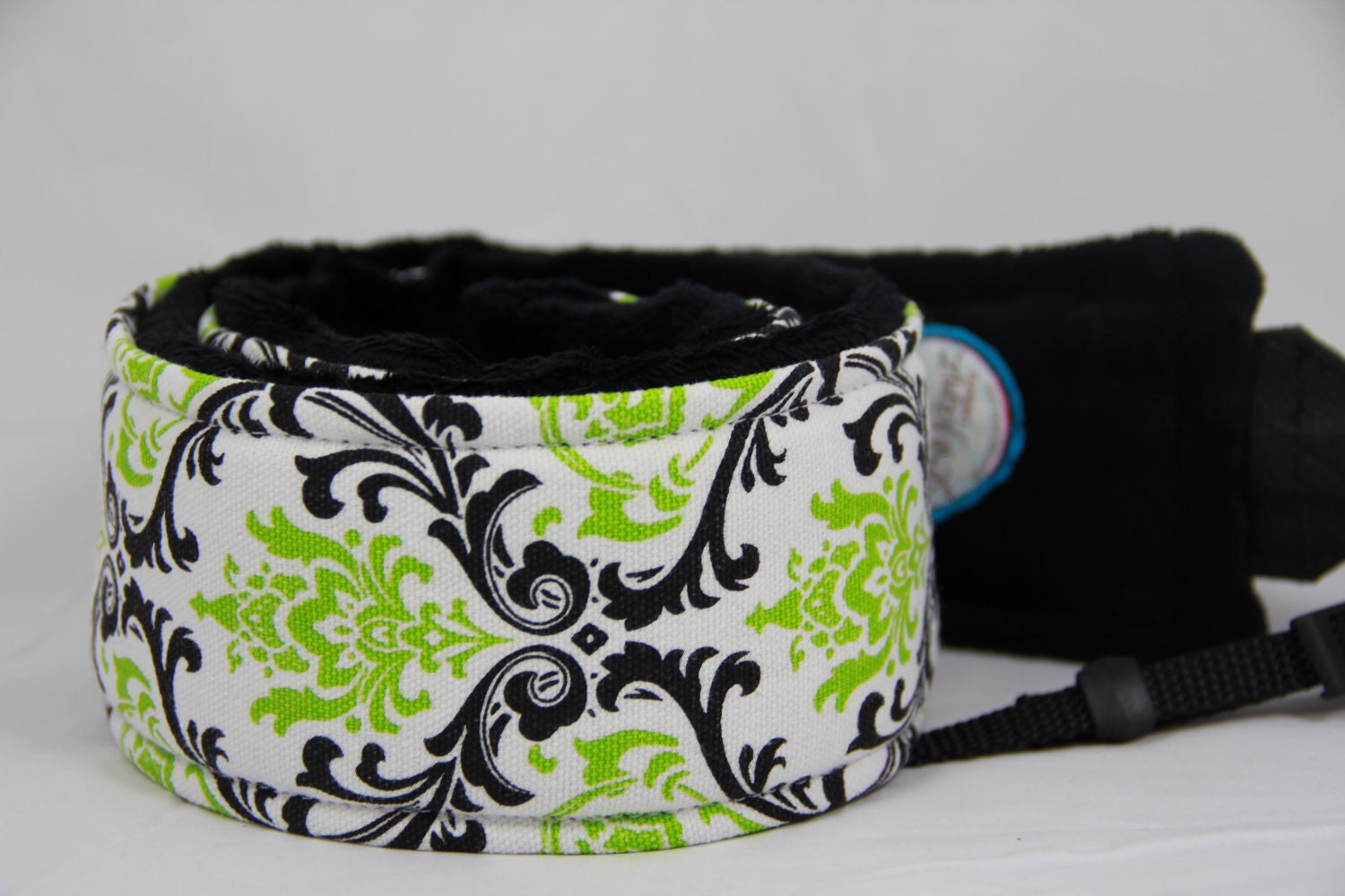 Camera Strap .. Neoprene ..Quick Release Hipster  Lime and Black Damask with Black Minky