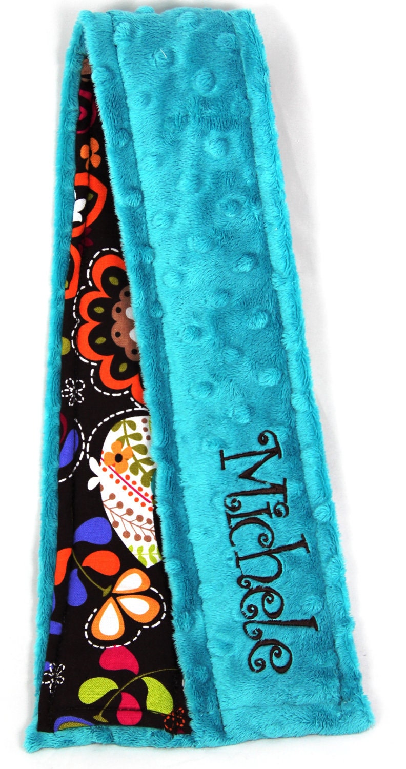 Personalized Camera Strap Cover- Name on back side -Michael Miller Norway Bird Teal Minky Dot