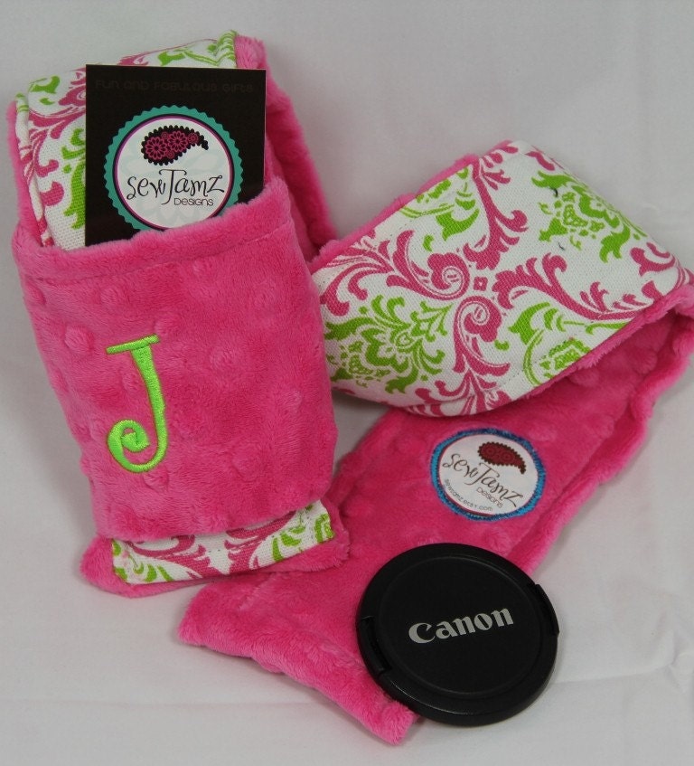 Personalized Camera Strap Cover Set in Fun Fuchsia Lime Damask with Dual Lens Cap