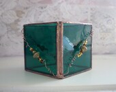 Stained Glass Votive Beaded Shelter Candle Holder TEAL ANTIQUE CUBE Pattern Design
