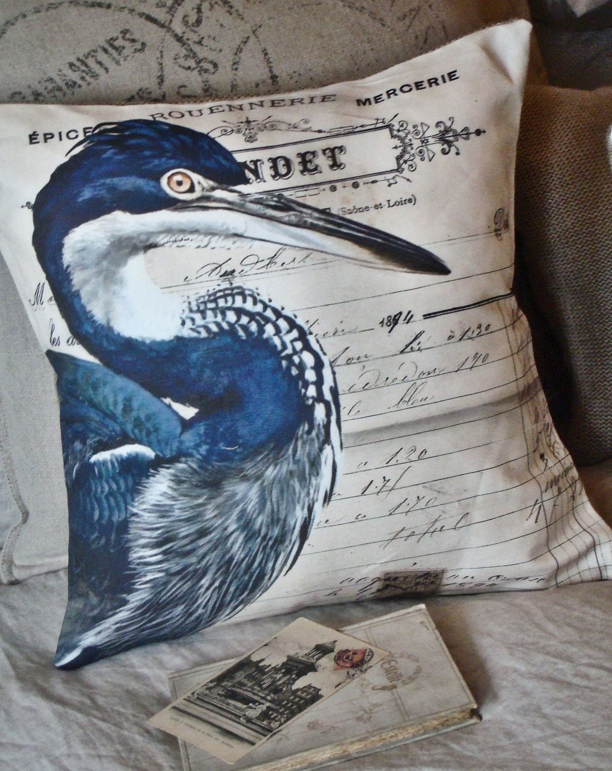 Pillow Cover the Blue Heron Audubon cotton and burlap